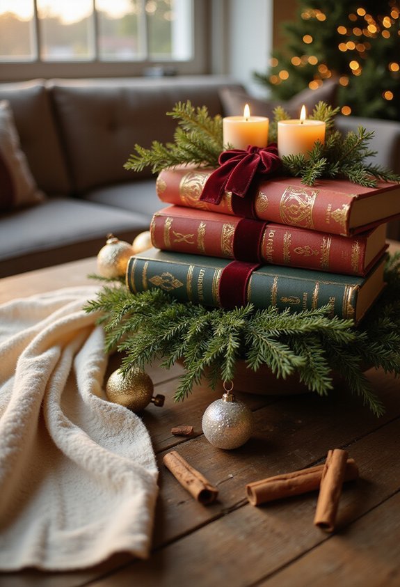cozy holiday book centerpiece display