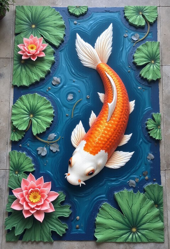 dramatic oversized koi with lily accents