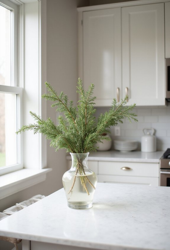 evergreen branches decorate countertop s festive corner