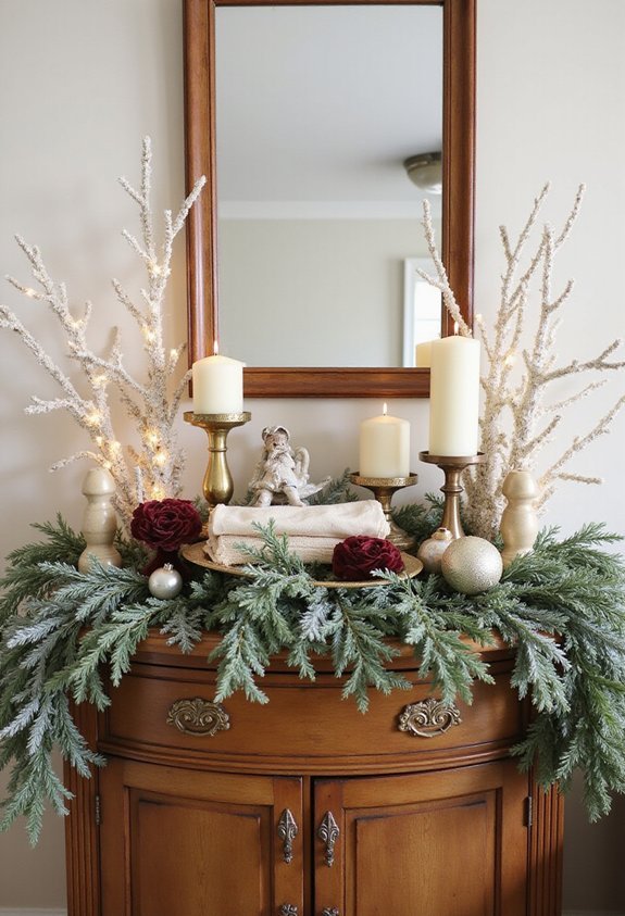 layered festive sparkly entryway console tablescape
