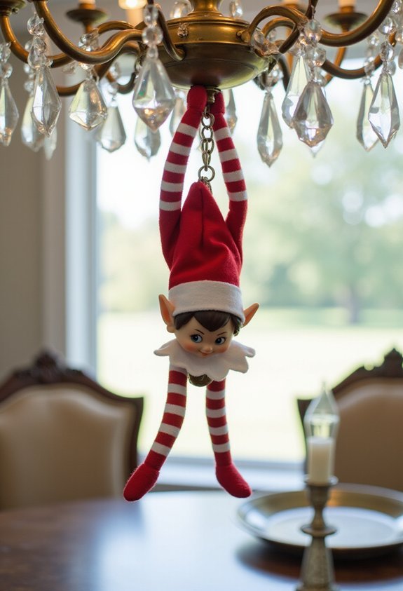 mischievous elf gymnastics from chandelier