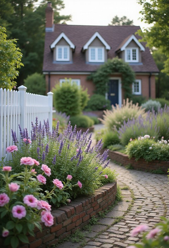 overflowing cottage garden with white fence