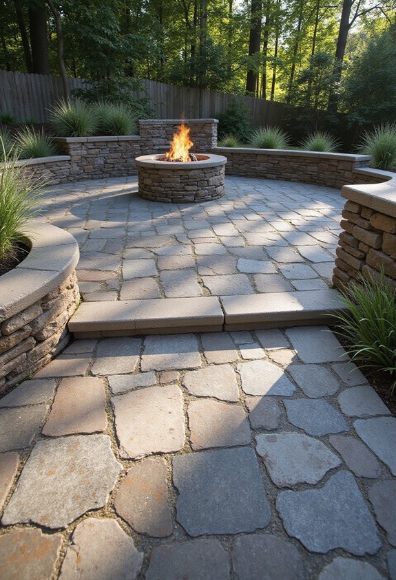 rustic cobblestone fire pit patio