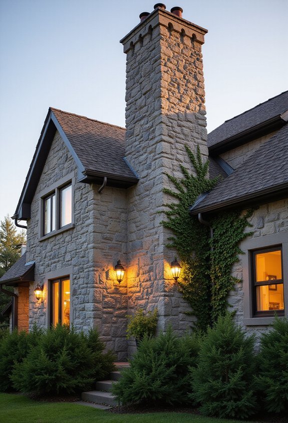 rustic tall contrasting stone chimneys