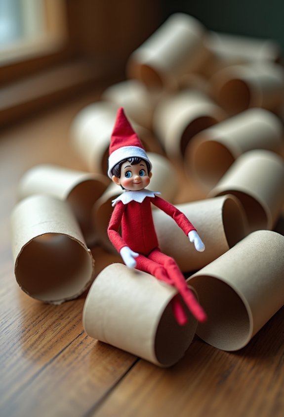 tiny elf slides down toilet paper