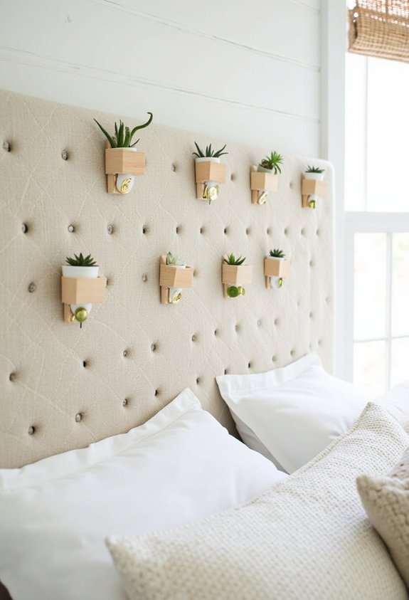 upholstered functional textured pegboard headboard