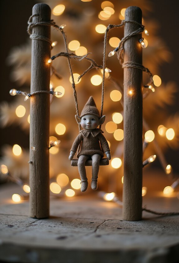 whimsical elf swinging on string lights