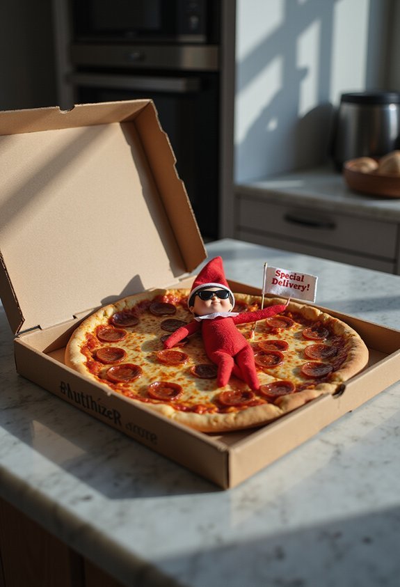 elf filled pizza box surprise prank