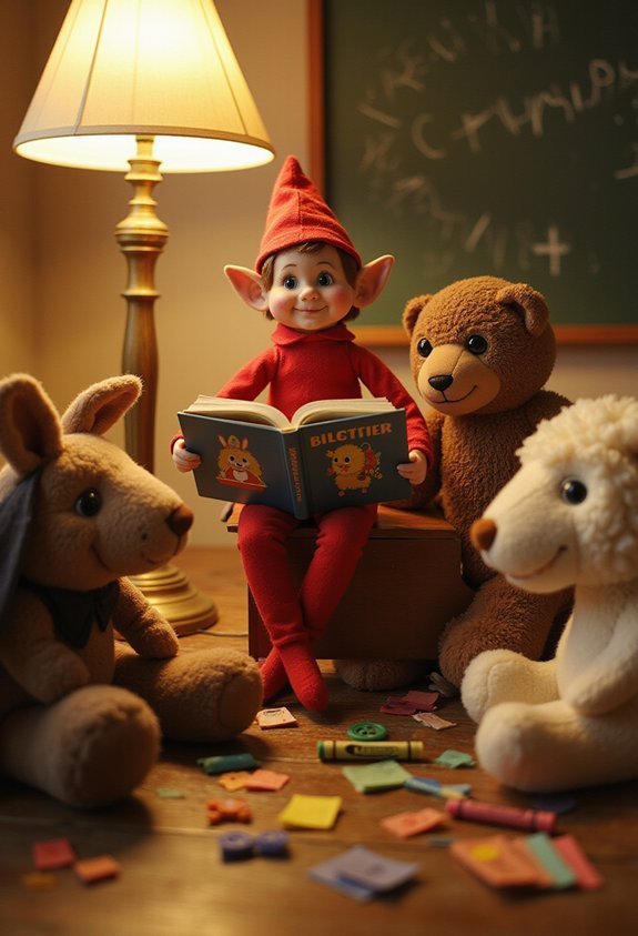 elf reading bedtime story to stuffed animals