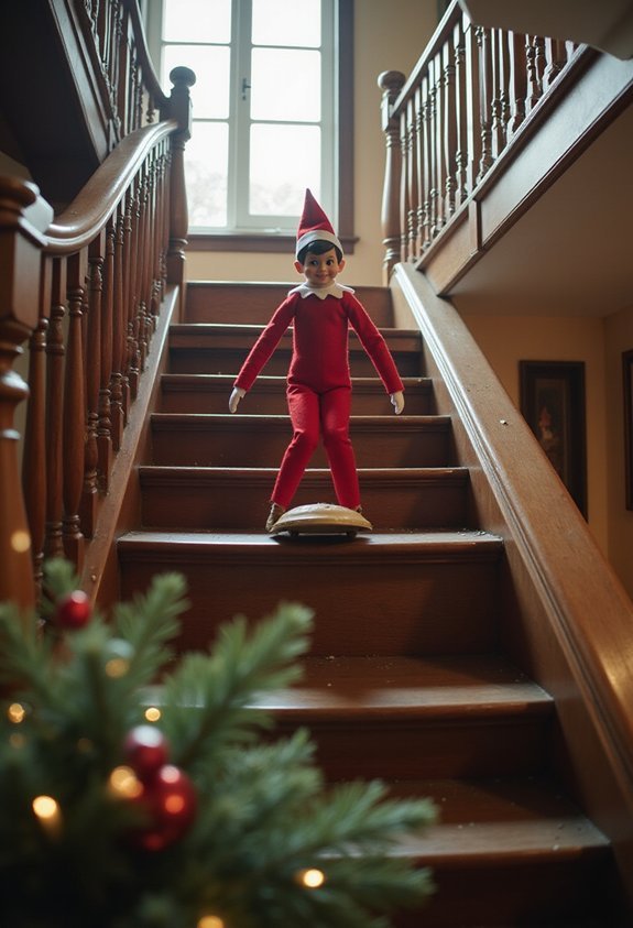 elf sledding down banister cotton trail