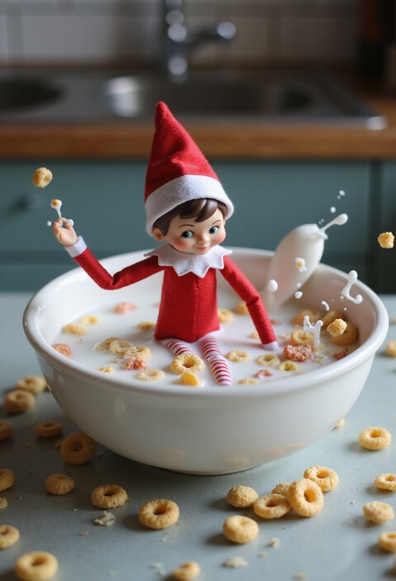 elf swims in cereal bowl