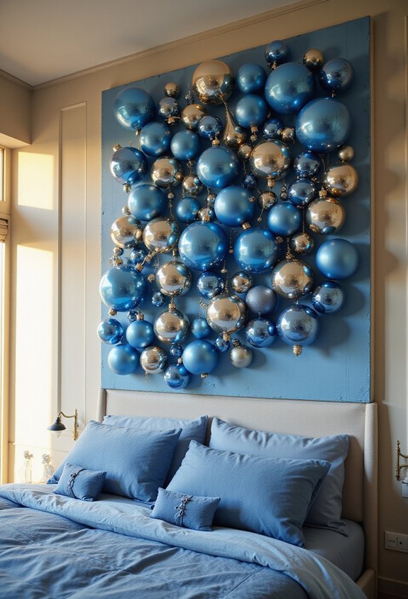metallic blue cascading ornament wall display