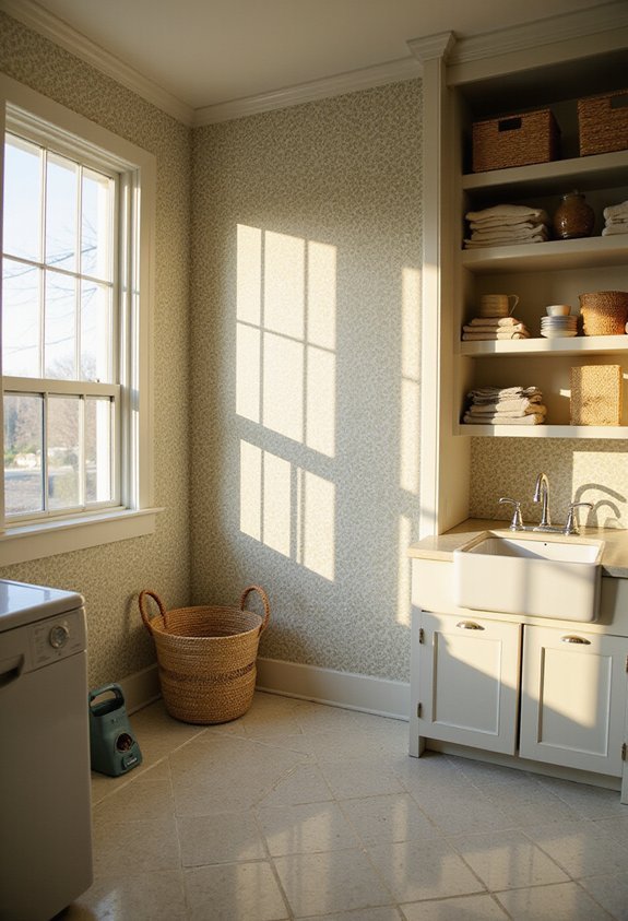 tight space wallpapered basketweave personality filled laundry