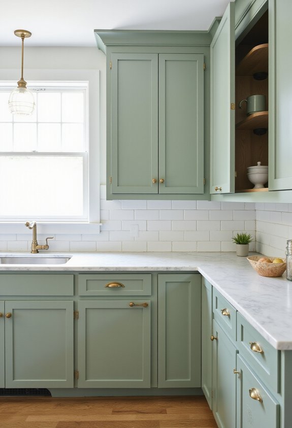 calming light green kitchen cabinets