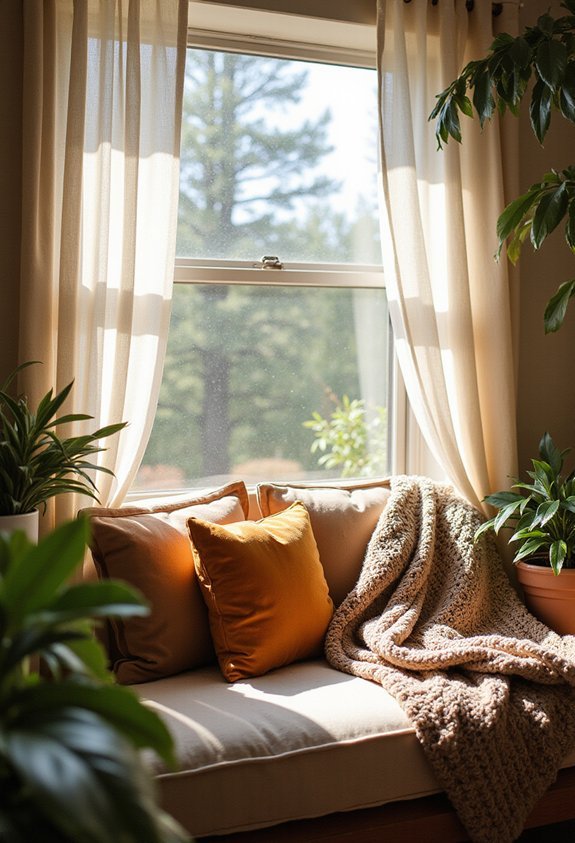 cozy cushioned window reading nook