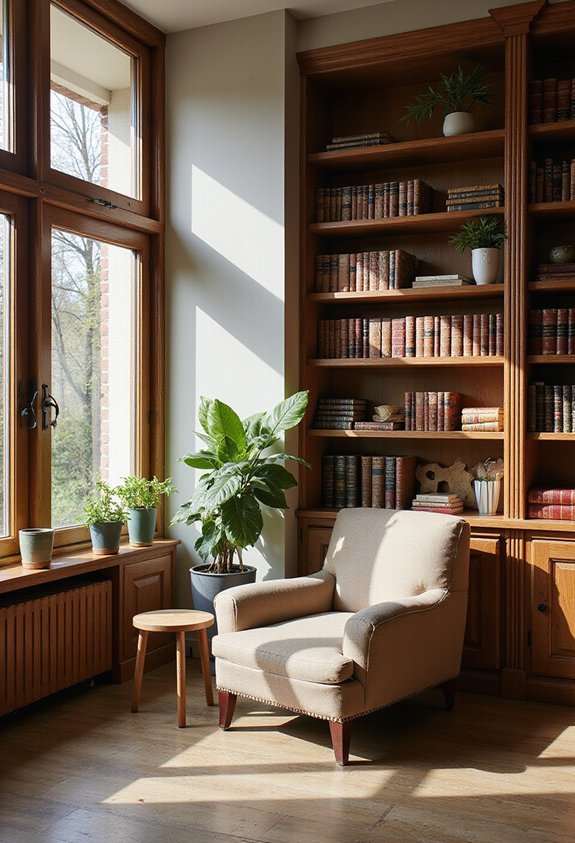 cozy reading nook with bookshelf