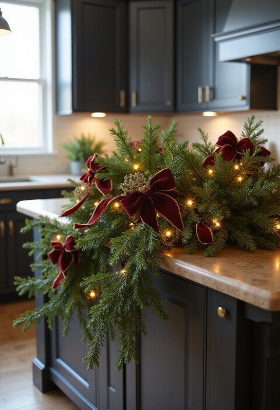 decorate kitchen island with festive greenery
