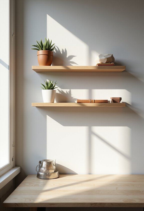 desk adjacent floating shelves elevate workspace