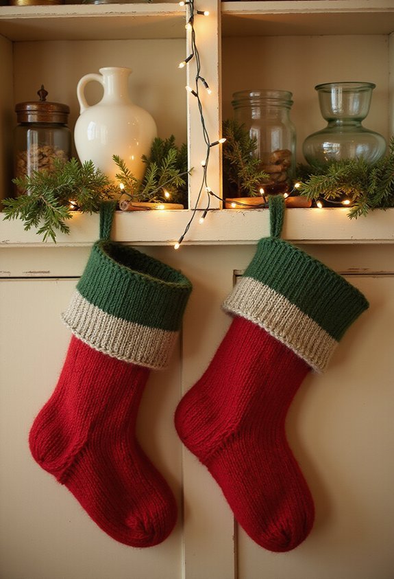 drape holiday stockings on shelving