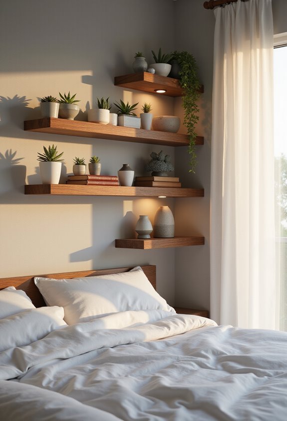 floating shelves organize display storage