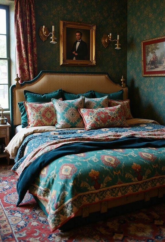 layered bold colorful maximalist bedding