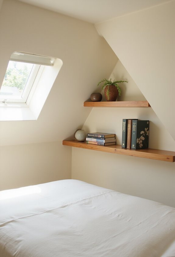 organize angled walls with floating shelves