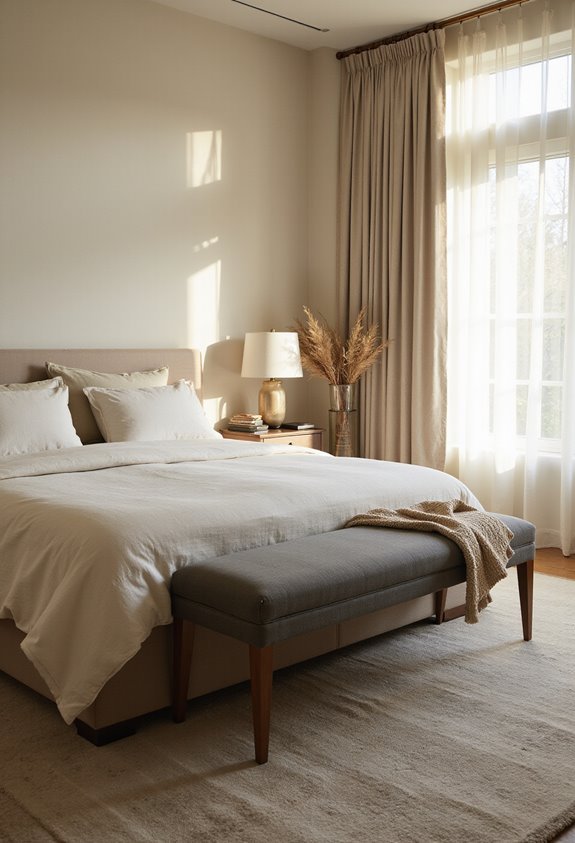 organized bedroom with functional bench