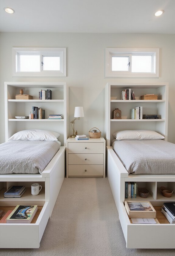 organized centralized harmonious twin bedroom storage