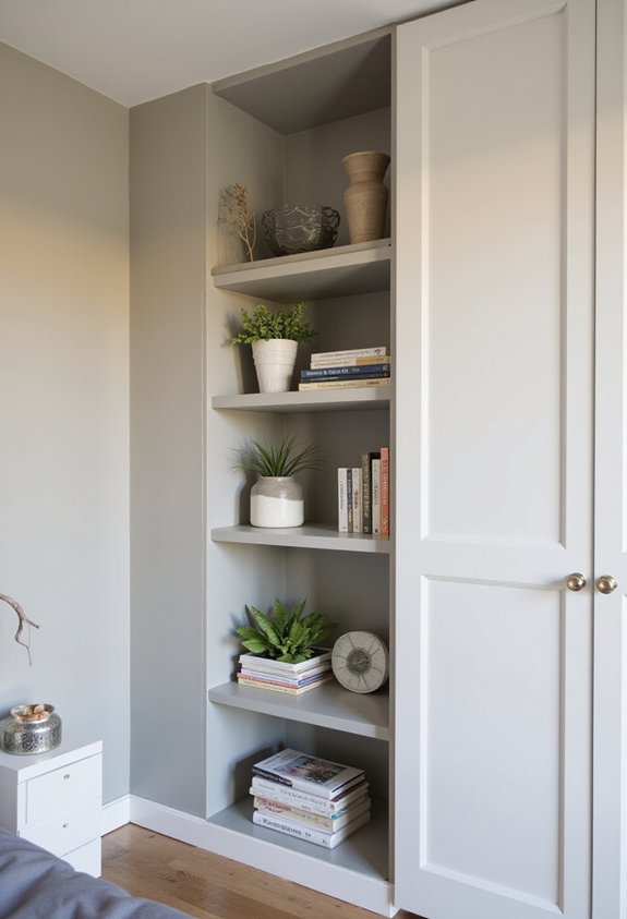 recessed space saving built in shelving installation