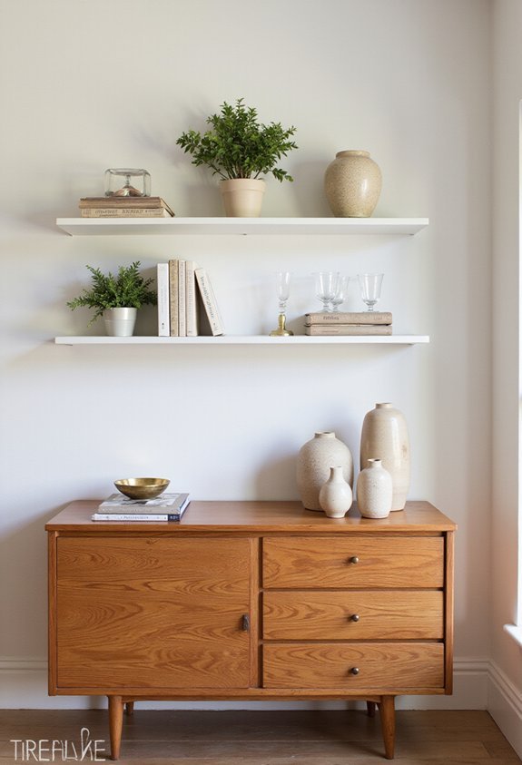 stylish open shelving above dresser