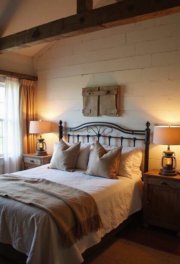 vintage lanterns enhance farmhouse bedroom lighting