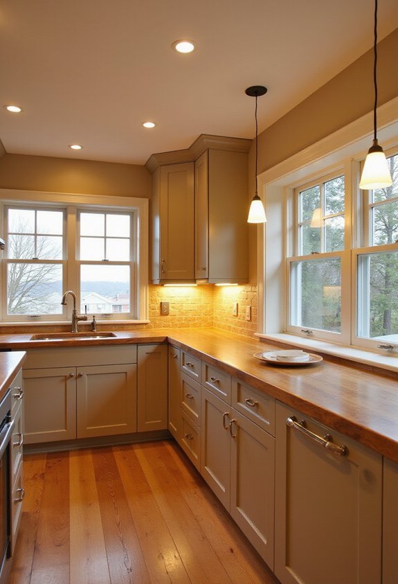 warm layered illuminating enhancing kitchen design