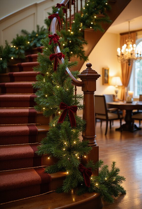dramatic festive staircase decor in dining room