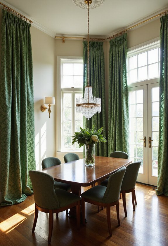 framing windows with patterned green curtains