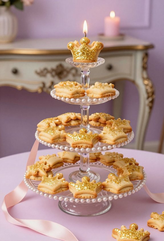 crown cookies on tiered stands