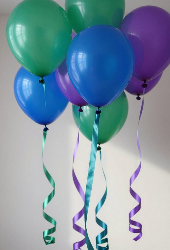 floating ribbon wrapped balloon clusters