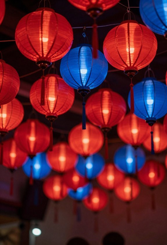 suspended red and blue lanterns