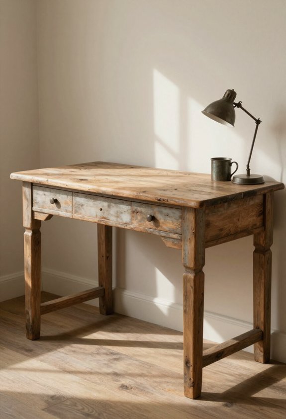 weathered wooden farmhouse desk