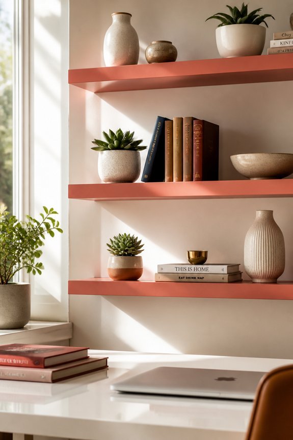 coral pink floating shelves