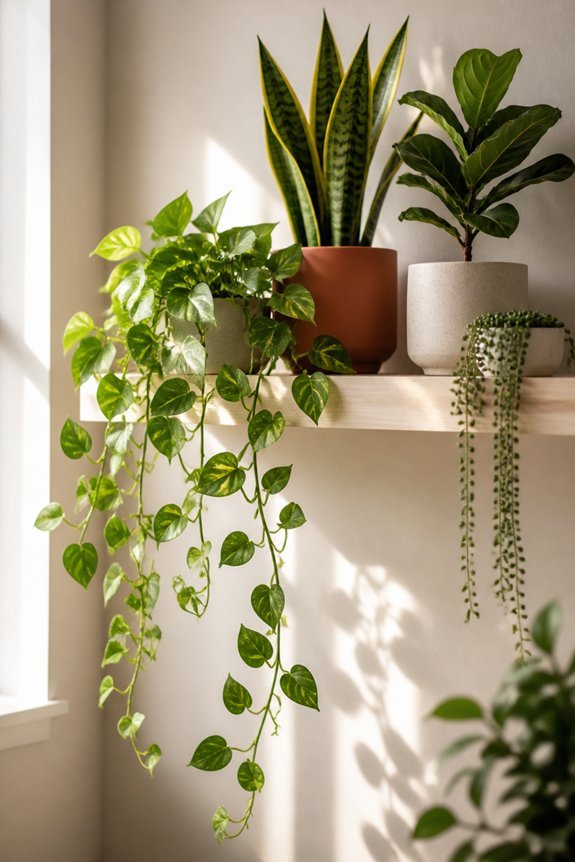 trailing plants on shelves