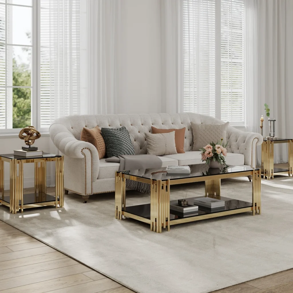 Gold Fluted Metal Frame With Smoked Glass Shelves