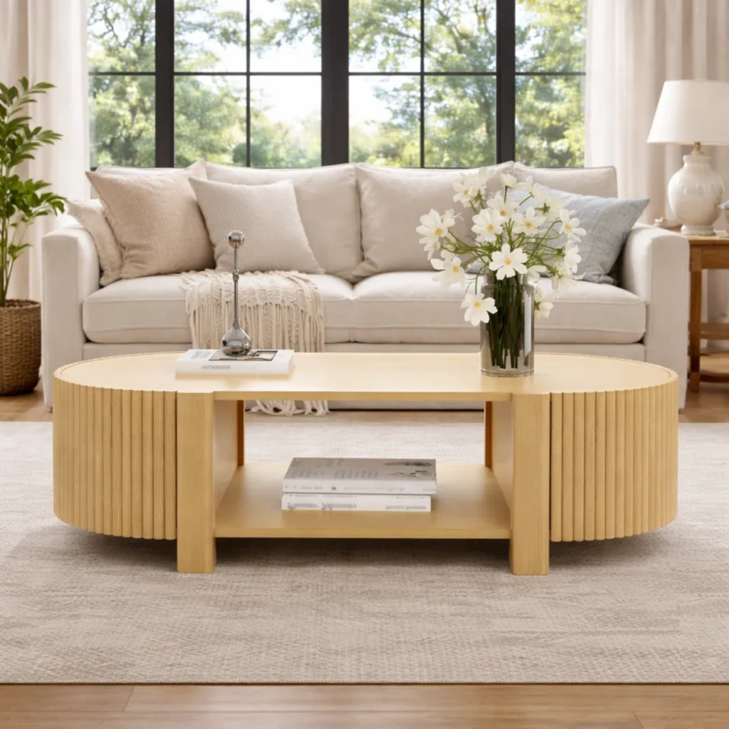 Oval Fluted Oak in a Pale Natural Finish Coffee table