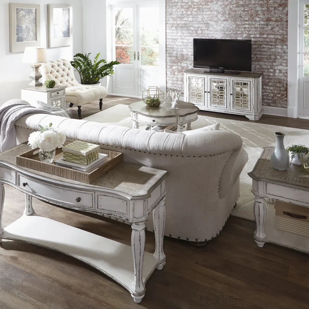 Distressed White Table With Turned Legs and a Drawer