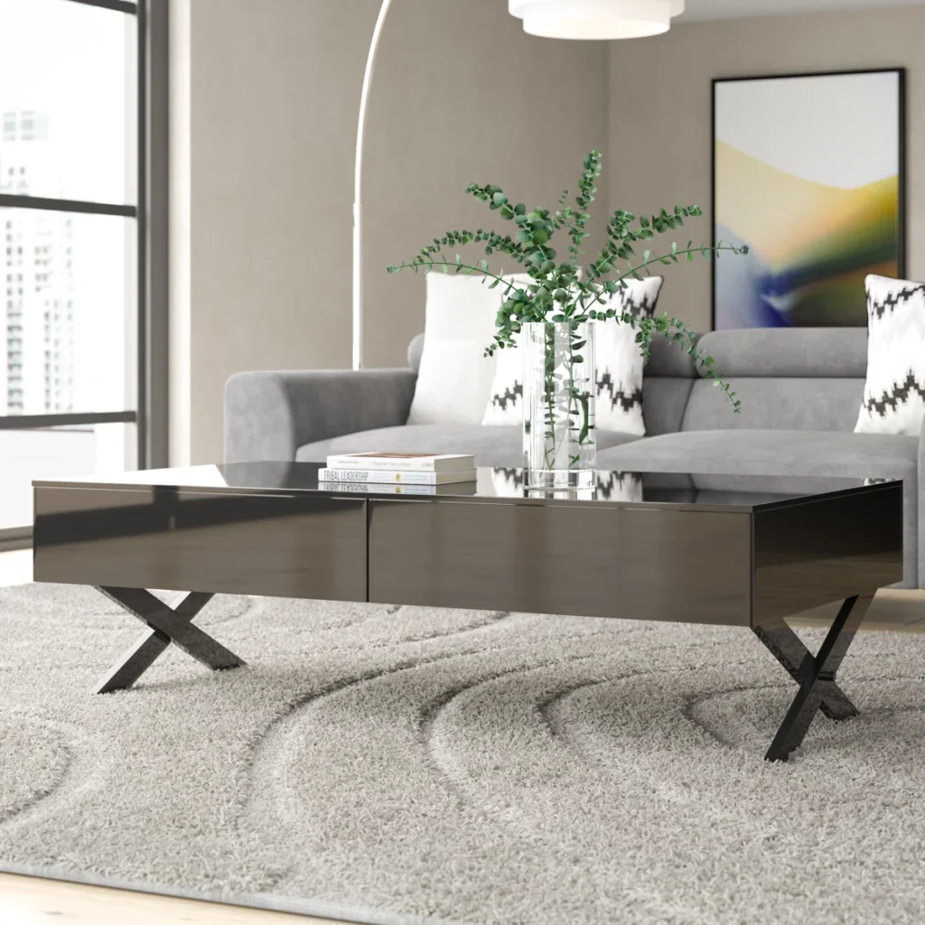 Glossy Dark Brown Rectangle on Crossed Metal Legs