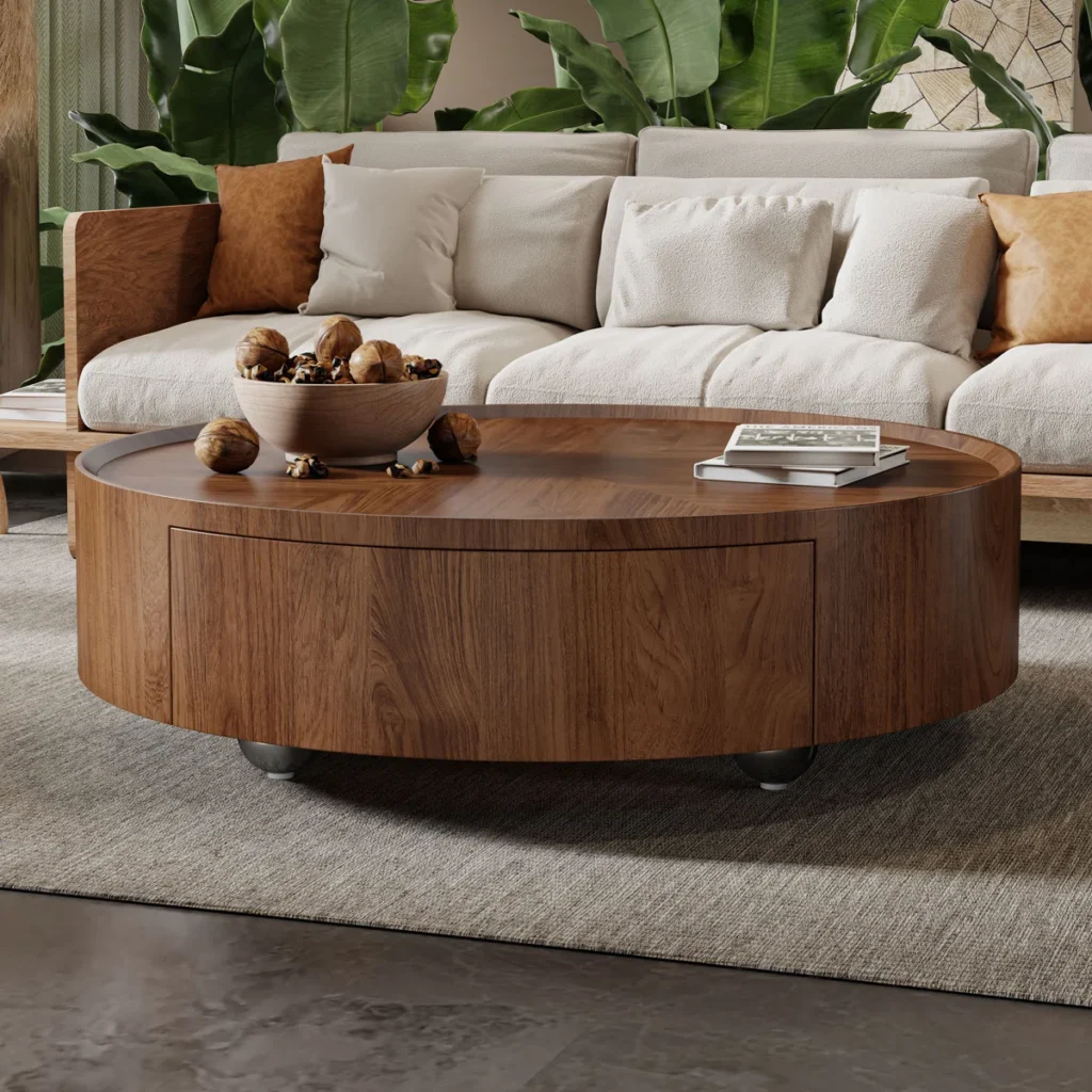 Low Walnut Drum With a Curved Hidden Drawer