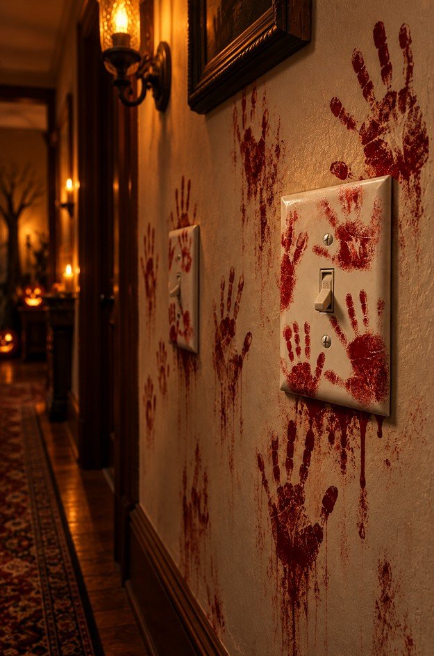 Bloody Handprint Stencils on Light Switches halloween decor