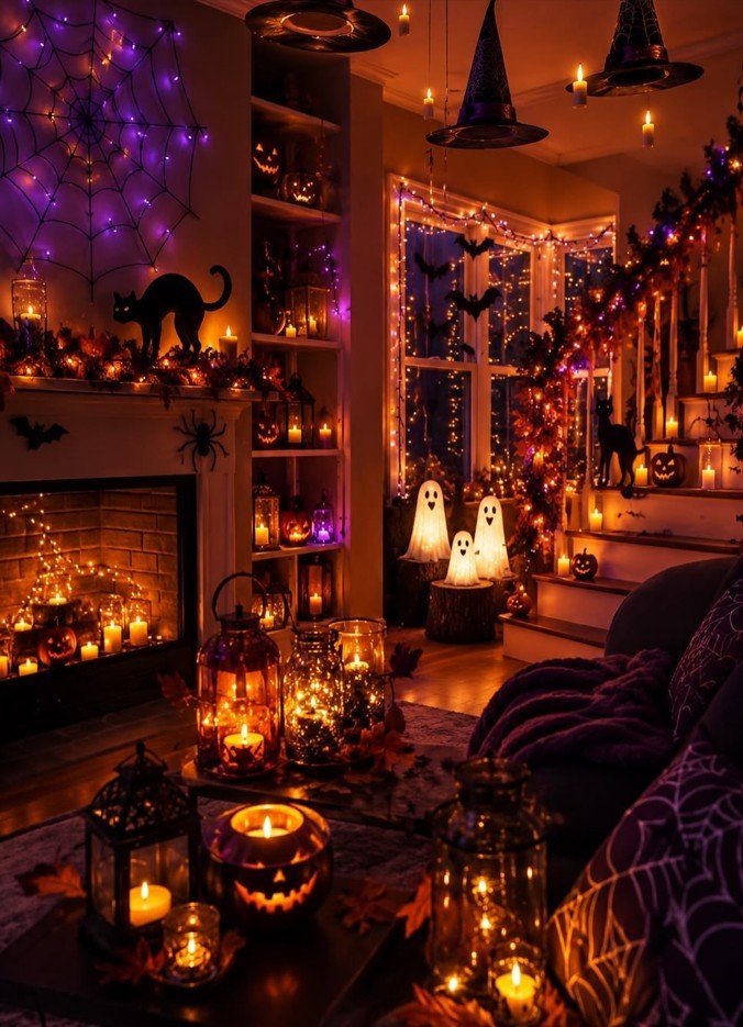 Cozy Up a Living Room With Purple Webs, Ghosts, and Candlelight