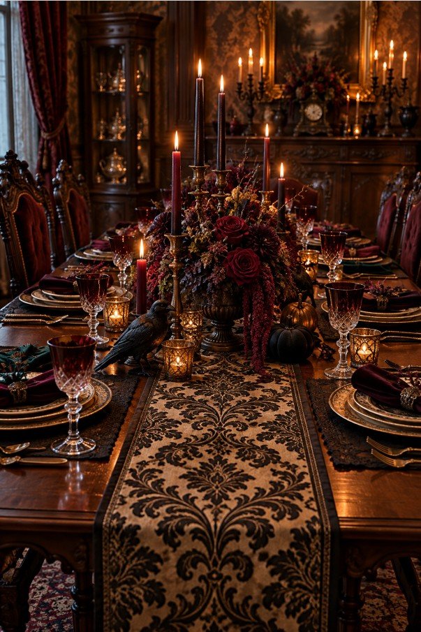 Damask Table Runners for Halloween Tablescapes