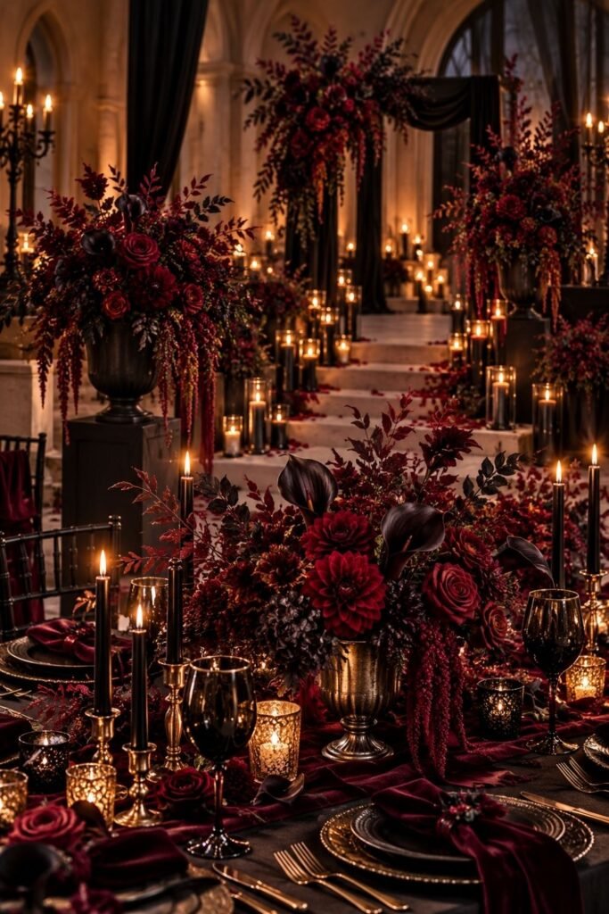 Deep Burgundy and Black Floral Arrangements
