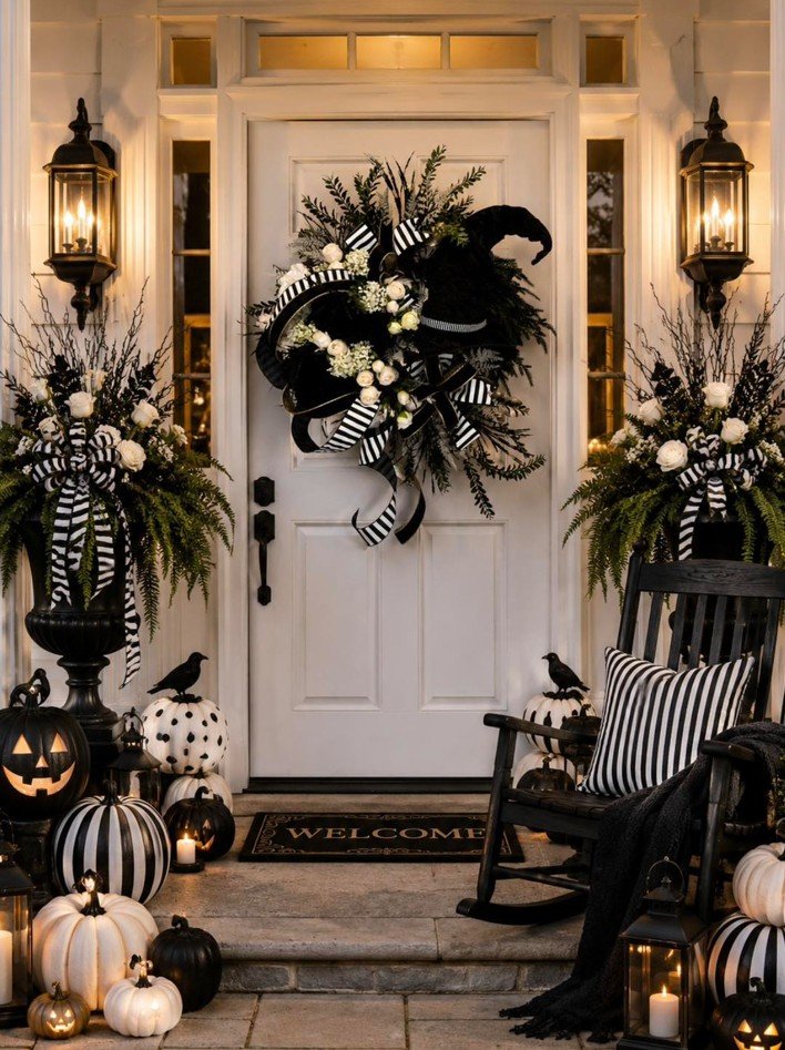 Dress Your Porch in Black and White With a Witch Hat Wreath